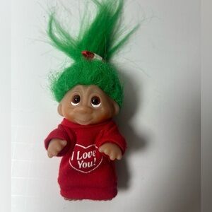 Vintage DAM “I love you” mini Troll Doll with Green Hair and Red Outfit